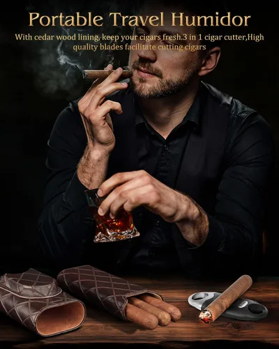 Miniatura 8 de Caja de cigarros, caja de humidor de viaje con cortador de puros, caja de almacenamiento portátil de cigarros forrada de madera de cedro, guillotina