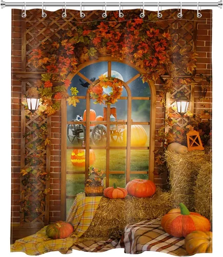 Miniatura 2 de HVEST Cortina de ducha de calabaza otoñal, hojas de arce, Acción de Gracias, Halloween, noche, calabaza, farol, cuervo, luna llena, juego de cortina