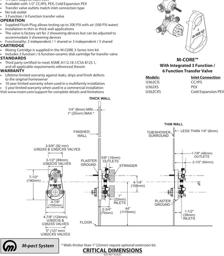 Miniatura 5 de Moen M CORE Válvula de ducha mezcladora con transferencia integrada de 3 o 6 funciones, conexiones y topes PEX de anillo de crimpado, U362XS