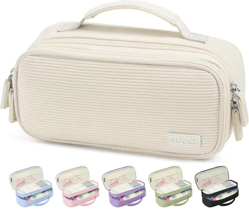 Sooez Estuche grande para lápices, estuche de pana suave con asa, bonito estuche para bolígrafos, 5 compartimentos, organizador de amplia apertura