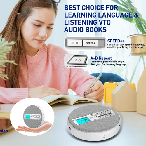 Miniatura 5 de Reproductor de CD portátil, reproductor de CD portátil recargable con altavoces duales y anti salto, CD, USB, AUX, pantalla LCD, botón sensible, 5
