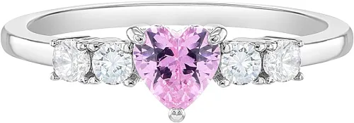 925 Sterling Silver Size 2-5 Brilliant Clear Round Pink Heart Cubic Zirconia Rings for Girls - Fashionable CZ Ring Bands for Preteens Teens - Cute