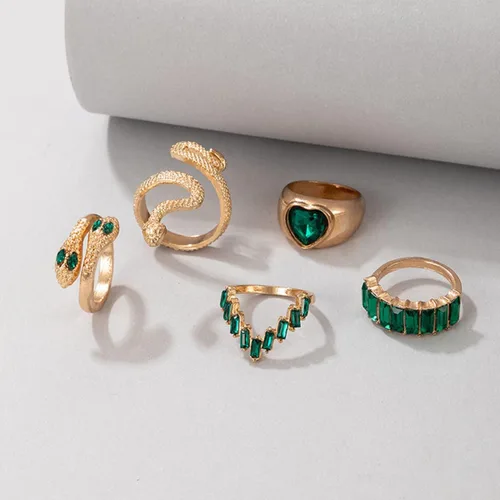 Miniatura 4 de Anillos de serpiente de cristal verde para mujeres y adolescentes, conjuntos de anillos de dedo apilables estilo bohemio, retro, anillos simples a