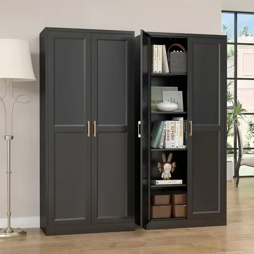 Miniatura 2 de SteeLoong - Armario de despensa de cocina, armario de almacenamiento de metal negro de 71" con puertas y 4 estantes ajustables, gabinete de cocina
