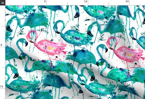 Miniatura 3 de Spoonflower Tela: verde azulado, rosa, flamencos, salpicaduras, acuarela, pájaros, verano, tropical, estampado en tela de gasa de cuarto grueso