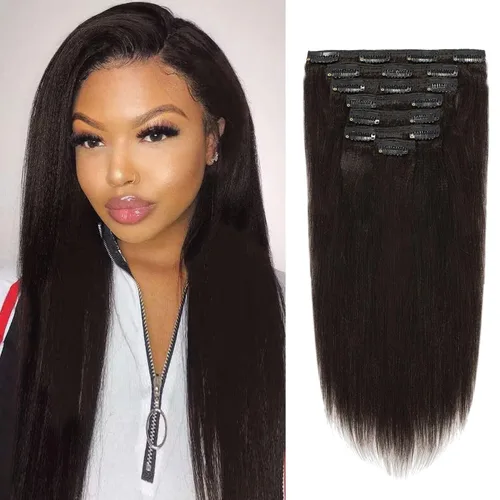 Miniatura 10 de Extensiones de cabello lacio italiano Yaki con clip, cabello humano Remy real, grado 8A, grueso, virgen, 4C, afroamericanos, cabeza completa