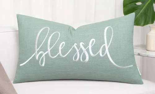 EURASIA DECOR Blessed - Funda de almohada lumbar de 12 x 20 pulgadas, algodón verde azulado claro bordado, regalo inspirador de fe cristiana