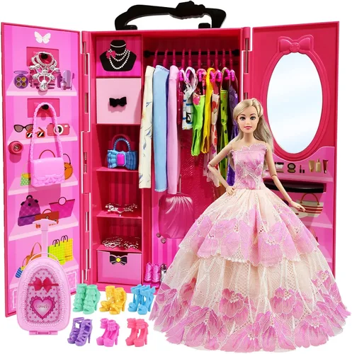 Miniatura 9 de ZITA ELEMENT Armario de muñecas de 11.5 pulgadas con ropa y accesorios, juego de 101 piezas, incluye armario, maleta, vestidos, trajes de baño