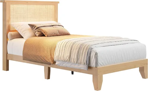 Miniatura 3 de coucheta Base de cama de ratán individual con cabecera de ratán natural, marco de cama individual con luces LED, cama con cabecero, patas de cama