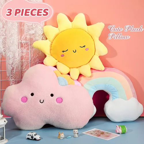 Miniatura 2 de Queekay Juego de 3 cojines de felpa suave para niños, luna y estrella, almohada de felpa suave para guardería, bonita almohada para habitación
