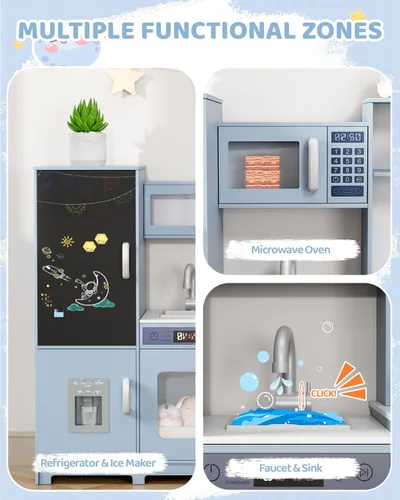 Miniatura 3 de MAMIZO Cocina de Esquina de Madera de Juego, Gran Set de Juego de Cocina Interactivo Definitivo para Niños Pequeños de Simulación con Pizarra, Azul
