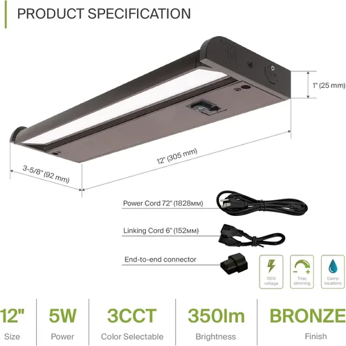 Miniatura 2 de ASD Iluminación LED giratoria para debajo del gabinete con enchufe o cableado de 12 pulgadas, luces regulables debajo del gabinete con interruptor