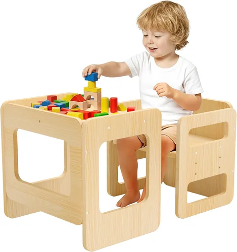 Tilhumt Montessori - Juego de mesa y silla de destete – Mesa de actividades para niños de 3 alturas ajustables con valla de madera para niños de 1 a