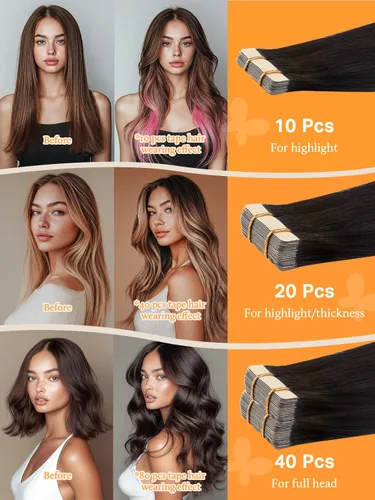 Miniatura 6 de DOORES - Extensiones de cabello con cinta en extensiones de cabello Remy de color real, extensiones de cabello humano natural trama de piel recta