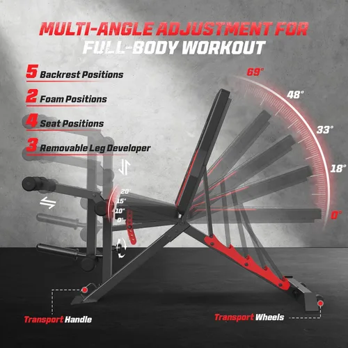 Miniatura 2 de OPPSDECOR 1200LBS Weight Bench with Wide-Range Leg Extension & Curl (Full ROM), Adjustable Workout Bench Press with Wheels & Handle, Incline/Flat