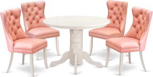 Miniatura 15 de East West Furniture SHDA5-WHI-13 - Juego de cocina de 5 piezas, incluye una mesa de comedor redonda con pedestal y 4 sillas Parson tapizadas de tela