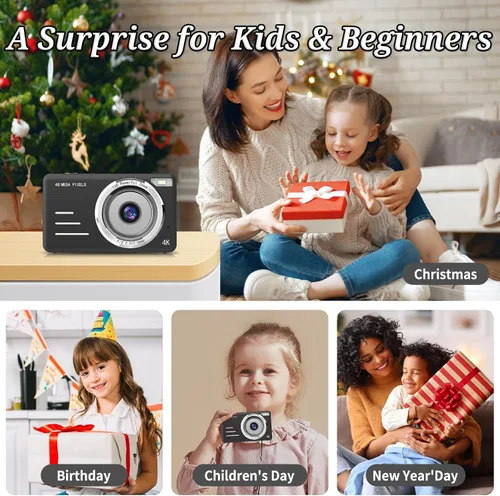 Miniatura 6 de Cámara digital FHD 1080P para niños, 48MP apunta y dispara, con una tarjeta de 64 GB, zoom 16X, antivibraciones, cámara pequeña compacta para niños