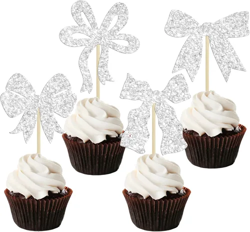 Miniatura 13 de Ephlyn 24 Piezas Adornos para Cupcakes con Lazo Rosa - Decoraciones de Cupcakes con Moño para Nupcial, Baby Shower, Fiesta Temática de Boda - Negro