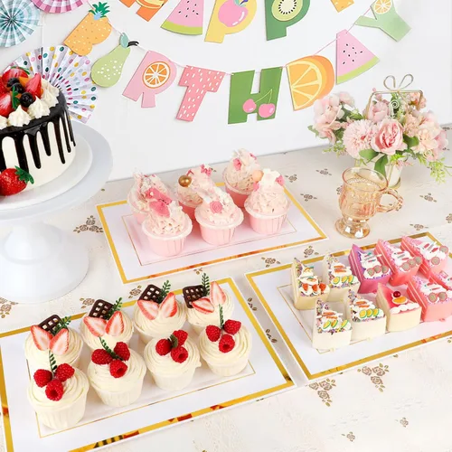 Miniatura 2 de Mwellewm 12 bandejas de plástico blanco para servir con borde dorado, bandejas rectangulares de postre de 14 x 9 pulgadas para mesa de postre