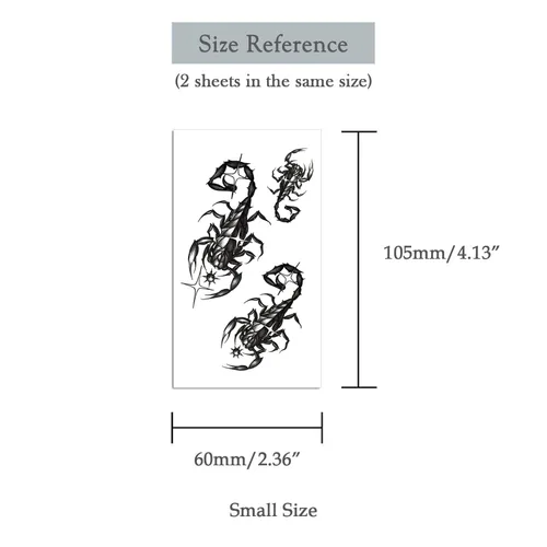 Miniatura 5 de 2 hojas de tatuajes temporales pequeños de escorpión para adultos, tatuajes falsos de escorpión negro, arte corporal impermeable de larga duración