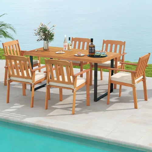 Miniatura 5 de Tangkula Juego de 2 sillas de patio de madera de acacia, sillones de comedor al aire libre con cojín suave y respaldo de listones, sillas de bistró