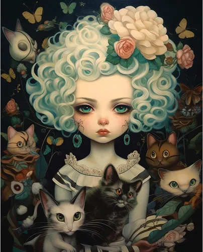 Tucocoo Muñeca de pelo rizado y su gato DIY pintura al óleo por números para adultos principiantes con marco, muñecas geniales pintura por número