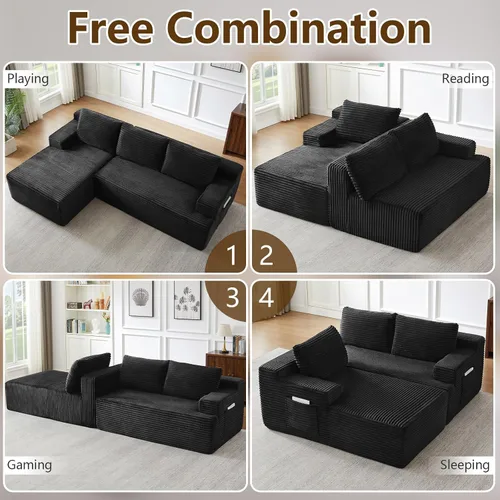 Miniatura 8 de Sofá seccional Cloud de 96 pulgadas, sofá deshuesado para sala de estar, sofá modular con asiento profundo, sofá de pana cómodo y esponjoso con Negro