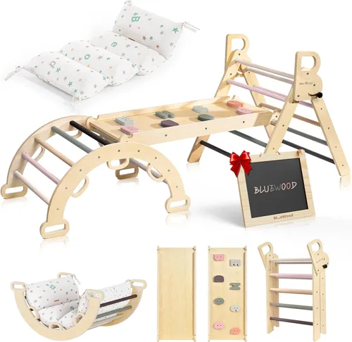 BlueWood Juego de triángulo Pikler con cojín, juguetes de escalada plegables de madera 8 en 1 para niños pequeños Parque infantil interior, gimnasio