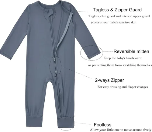 Miniatura 5 de Aablexema Pijama sin pies con cremallera y mitón, rayón de bambú, pijama de manga larga para bebé