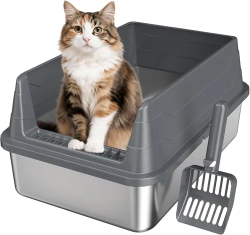 Caja de arena de acero inoxidable para gatos, caja de arena de metal sin olor con tapa de lados altos, bandeja de arena de entrada baja con parte