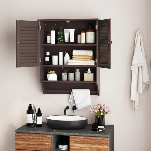 Miniatura 7 de Giantex Armario de baño montado en la pared con 2 puertas con rejillas, estante ajustable de 3 posiciones, toallero, ahorro de espacio sobre