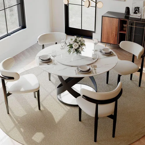 Miniatura 10 de POVISON Juego de 4 sillas de comedor redondas de lino y algodón con mesa de comedor de vidrio (mesa de comedor de 51 pulgadas + 4 sillas)