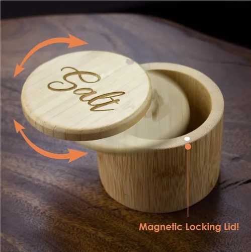 Miniatura 4 de Totally Bamboo Salero de bambú con caja de almacenamiento de bambú y tapa giratoria magnética, capacidad de 6 onzas, grabado de sal en la tapa
