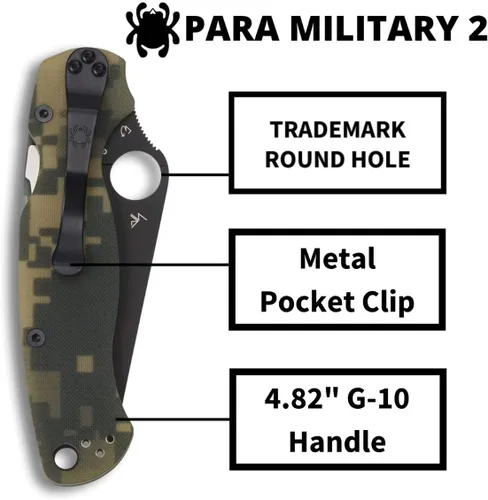 Miniatura 4 de Spyderco Para Military 2 Signature - Cuchillo de camuflaje con hoja de acero negro CPM S30V de 3.42 pulgadas y mango G-10 duradero, borde liso