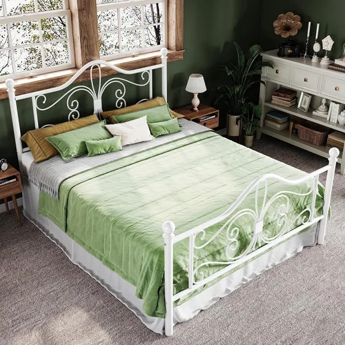 Miniatura 7 de Allewie - Marco de cama tamaño Queen con cabecera, base de cama de metal con cabecera y piecera con diseño de patrón de mariposa, no necesita Blanco