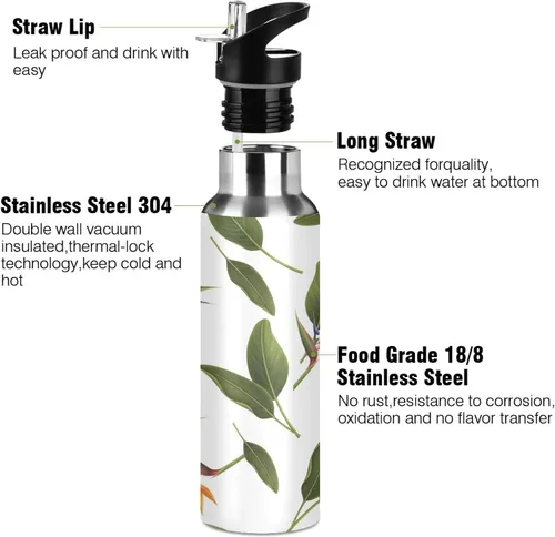 Miniatura 3 de Stainless Steel Vacuum Insulated Water Bottle 20 Oz, BPA-Free Sport Water Bottle for Gym Outdoor Travel School, Orange Flowers Green Leaves
