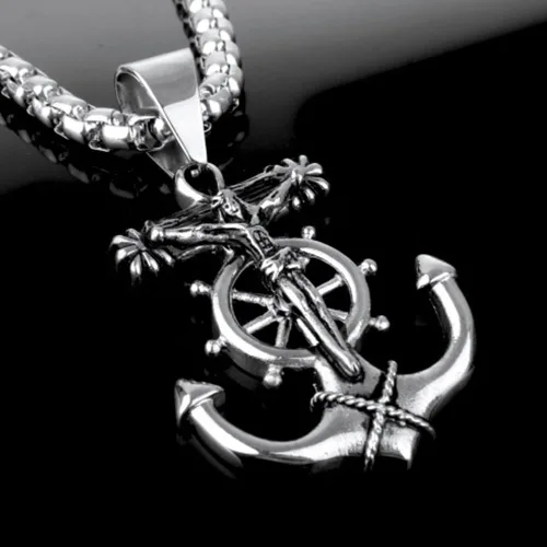 Miniatura 3 de JAJAFOOK Collar para Hombre de Acero Inoxidable Plata con Ancla Náutica y Cruz de Jesús