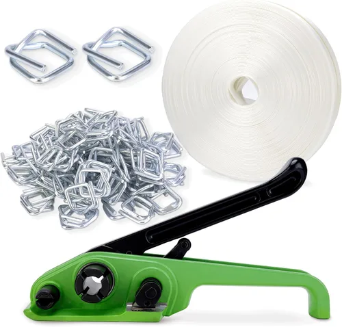 Kit de Herrajes de Fleje para Paletas, Juego de Herramientas de Fleje para Embalaje, Tensor de Fleje Mejorado, Cordón Tejido de 3/4" x 330' de Alta