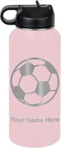 Miniatura 39 de LaserGram Botella de agua personalizada, pelota de fútbol, acero inoxidable de doble pared aislada al vacío con popote superior, regalo grabado