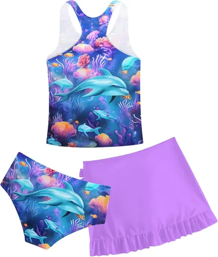 Miniatura 54 de Traje de baño tankini de 3 piezas para niñas, lindo bikini con salida de baño con falda de playa de 5 a 16 años