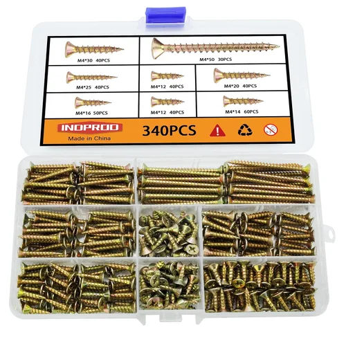 Kit surtido de tornillos para madera de cabeza plana M4, 340 piezas, tornillos de madera autorroscantes Phillips Drive avellanados de cabeza plana,