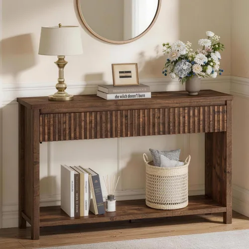 Miniatura 10 de BON AUGURE Mesa consola con almacenamiento, mesa de entrada negra, mesas de sofá de madera detrás del sofá para sala de estar, mesas de entrada