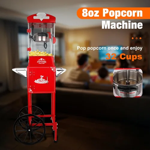 Miniatura 3 de Máquina de palomitas de maíz de 8 onzas con carrito (rojo) – Máquina de palomitas vintage – Operación con un solo toque, hace hasta 30 tazas