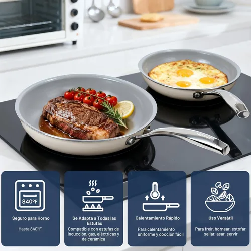 Miniatura 5 de Kikcoin - Juego de sartenes de cerámica antiadherentes - 3 tamaños, sartenes para tortilla para una cocina saludable, 8+9.5+11 pulgadas, con asa