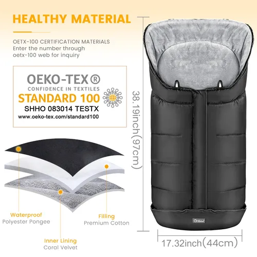 Miniatura 6 de Orzbow - Saco de dormir cálido universal para cochecito, saco para clima frío, piecera impermeable para niños pequeños (negro, grande)