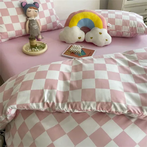 Miniatura 2 de Wellboo - Juego de edredón de cuadros rosa y blanco para cama tamaño full, colcha de algodón con diseño abstracto y geométrico rosa frijol y blanco