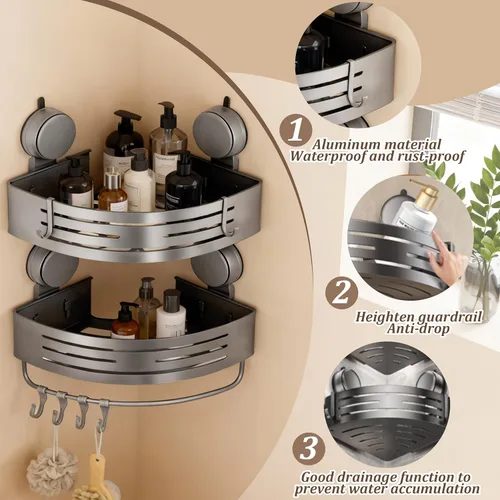 Miniatura 3 de Organizador de ducha de esquina con ventosa, paquete de 2 estantes de ducha de esquina de aluminio gris sin perforaciones con barra de toalla