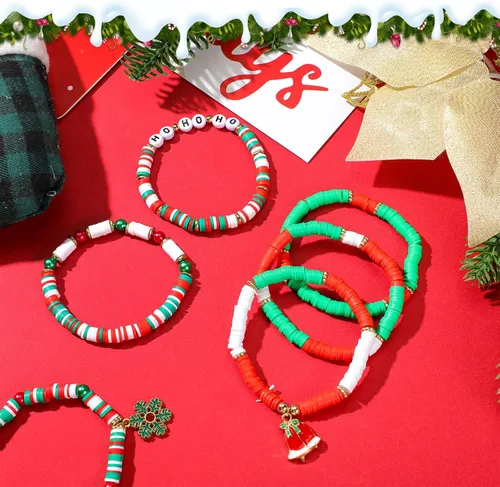 Miniatura 7 de Juego de 48 pulseras de Navidad apilables Heishi Surfer pulseras de Navidad con cuentas, pulseras de Navidad a granel para mujer, pulsera elástica