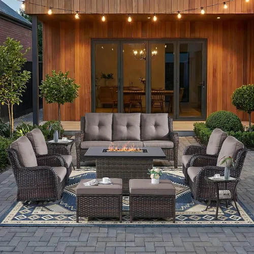 Miniatura 56 de HUMMUH Sillas Mecedoras Giratorias de Mimbre para Patio Exterior con Respaldo Alto, Sillas Deslizantes de Ratán PE, Juego de Muebles de Patio de 4