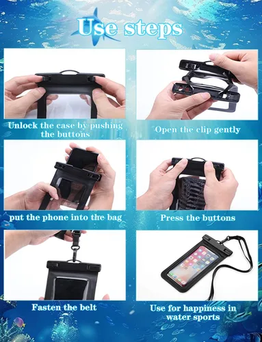 Miniatura 7 de Paquete de 5 bolsas impermeables universales para teléfono de hasta 8.3 pulgadas, bolsa seca impermeable para teléfono, nivel de protección: IP68
